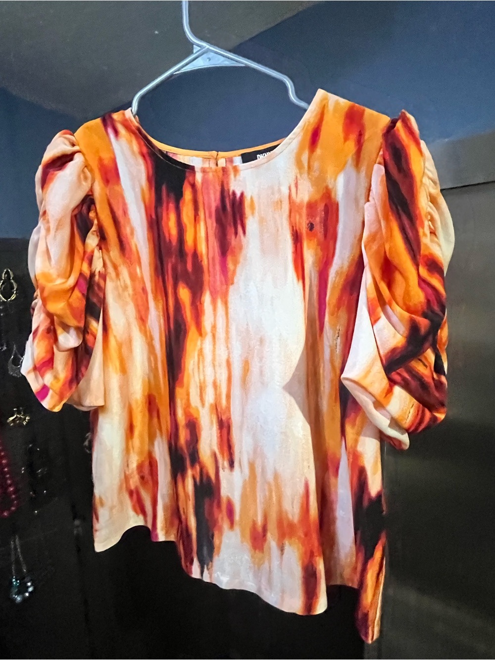 DKNY Orange and Rust Abstract Puff-Sleeve Blouse